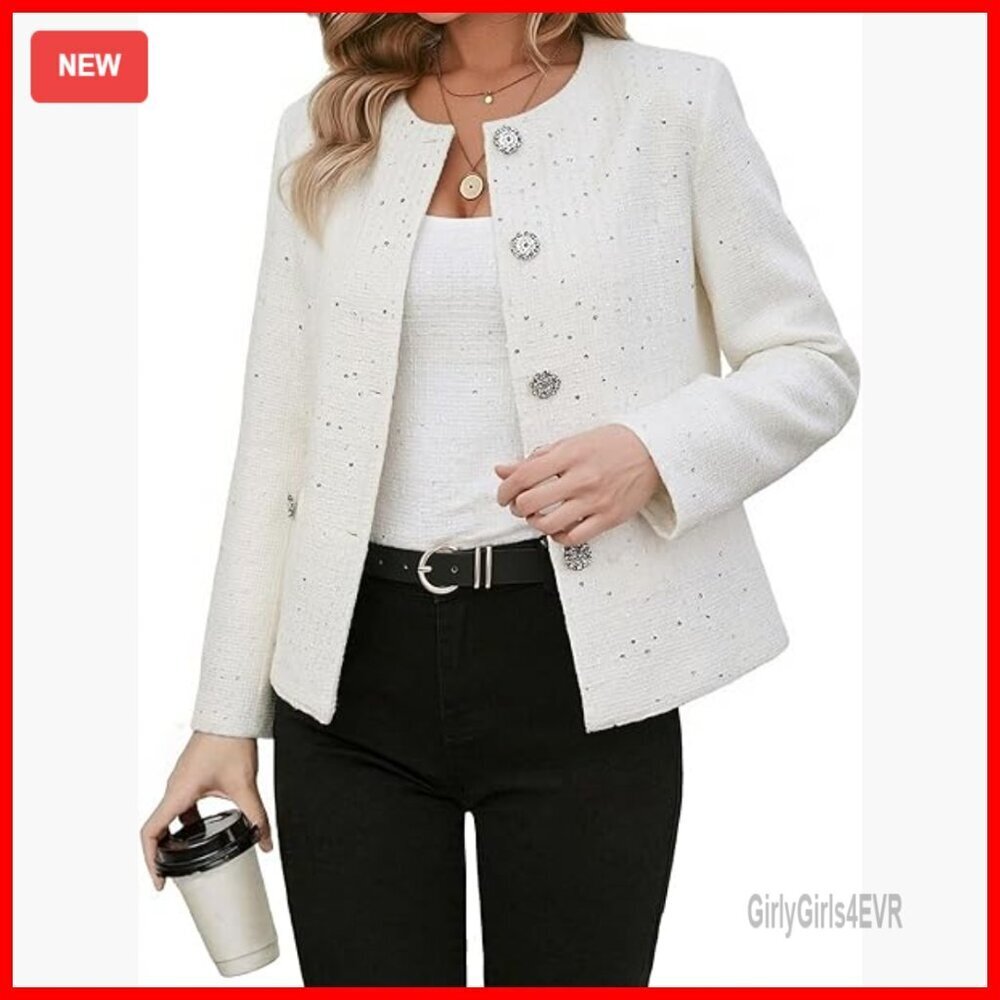 Short Tweed Sequin Blazer Cropped Round Neck Sparkly Jacket